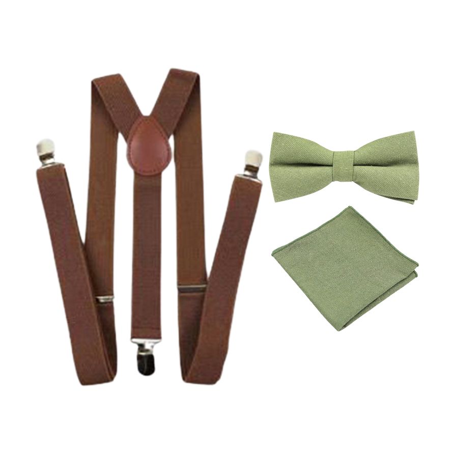 Neve Light Green Olive Cotton Bow Tie, Pocket Square and Brown Braces Set