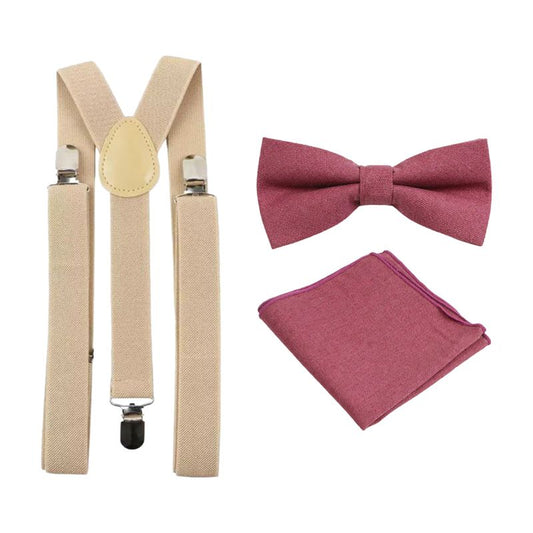 Ambrose Muted Mauve Cotton Bow Tie, Pocket Square and Cream Braces Set