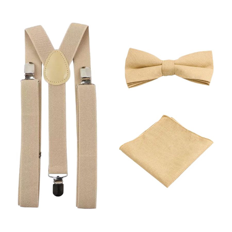 Perri Champagne Beige Cotton Bow Tie, Pocket Square and Cream Braces Set