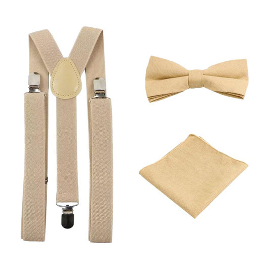 Perri Champagne Beige Cotton Bow Tie, Pocket Square and Cream Braces Set