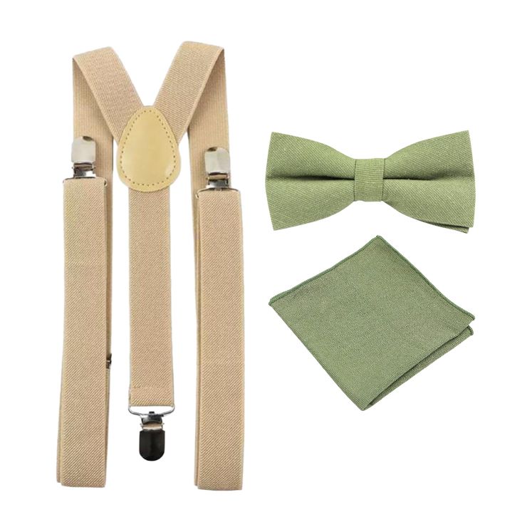 Neve Light Green Olive Cotton Bow Tie, Pocket Square and Cream Braces Set