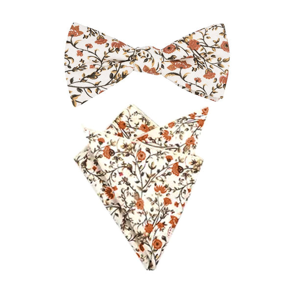 Otto Dusty Orange, Cream & Moss Greens Floral Print Cotton Bow Tie, Pocket Square and Burnt Orange Braces Set