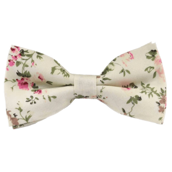 Olivia Cream Floral Cotton Bow Tie, Pocket Square and Eucalyptus Braces Set