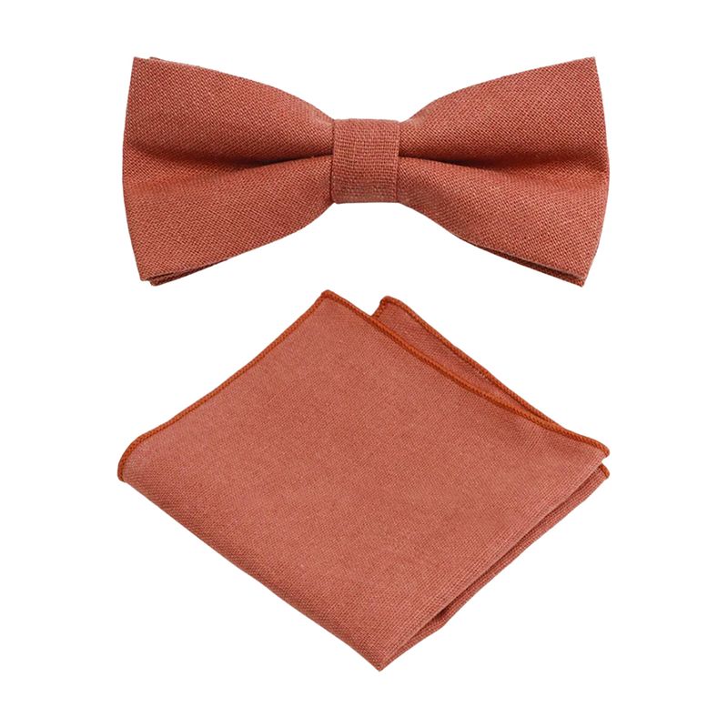 Calvin Burnt Coral Cotton Pre-tied Bow Tie & Pocket Square Set – Groomsmen Wedding Accessories
