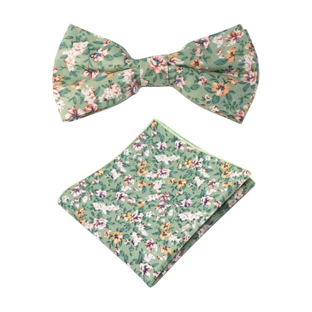Isa Sage Green, Cream & Yellow Floral Bow Tie and Pocket Square Set