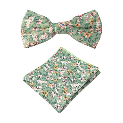 Isa Sage Green, Cream & Yellow Floral Bow Tie and Pocket Square Set