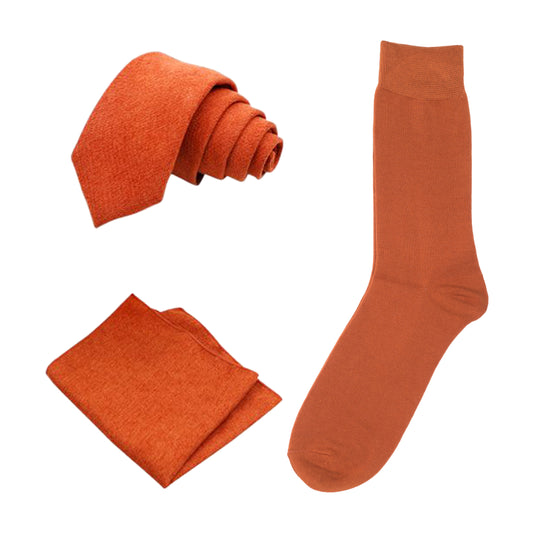 Bea Matching Burnt Orange Cotton Blend Tie, Pocket Square and Cotton Sock set