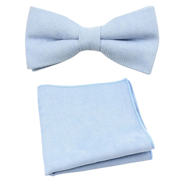 Benedict Soft Blue Cotton Blend Bow Tie and Pocket Square Set