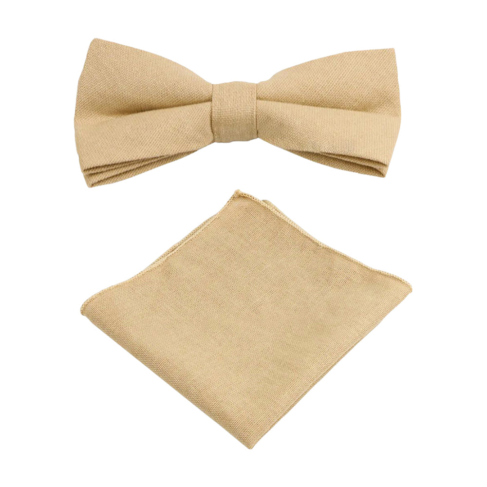 Perri Champagne Beige Cotton Pre-tied Bow Tie & Pocket Square Set – Groomsmen Wedding Accessories