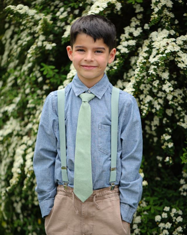 Harrison Sage Green Cotton Blend Boy’s Neck Tie and Pocket Square Set