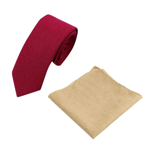 Bright Burgundy Red Cotton Tie & Perri Champagne Beige Pocket Square Set – Groomsmen Wedding Accessories