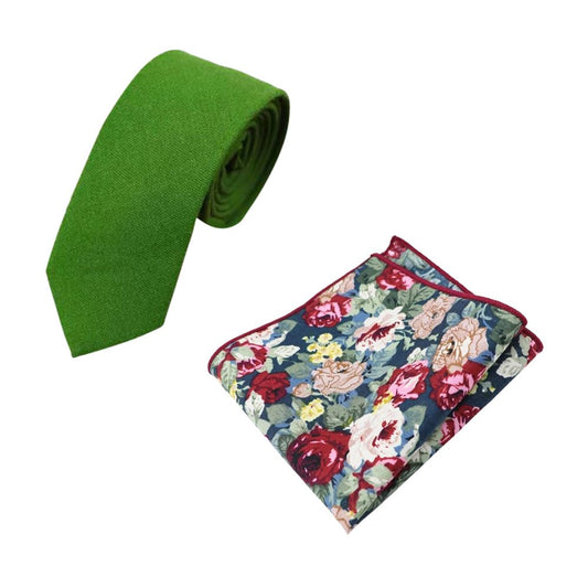 Bright Grass Green Cotton Tie & Bobby Vintage Garden Floral Pocket Square Set – Groomsmen Wedding Accessories