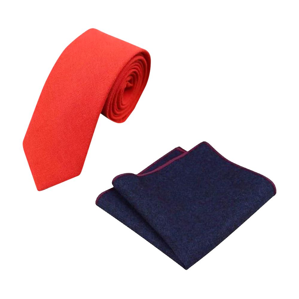 Bright Classic Red Cotton Tie & Arthur Vintage Navy Wool Pocket Square Set – Groomsmen Wedding Accessories