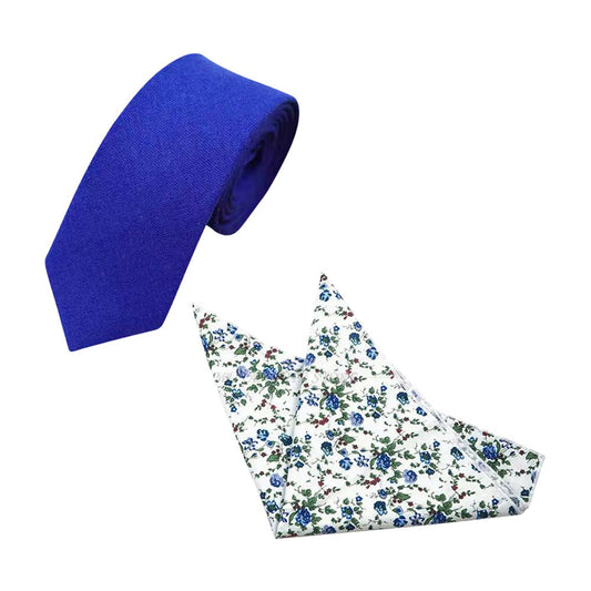 Bright Royal Blue Cotton Tie & Anthony White, Blue & Green Floral Pocket Square Set – Groomsmen Wedding Accessories