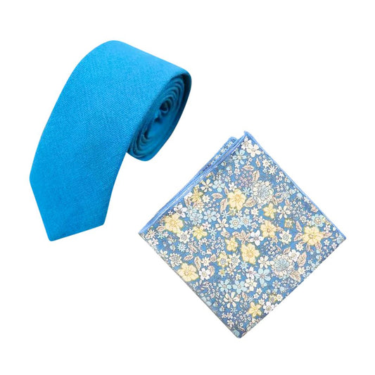 Bright Turquoise Blue Cotton Tie & Lars Blue & Yellow Floral Pocket Square Set – Groomsmen Wedding Accessories