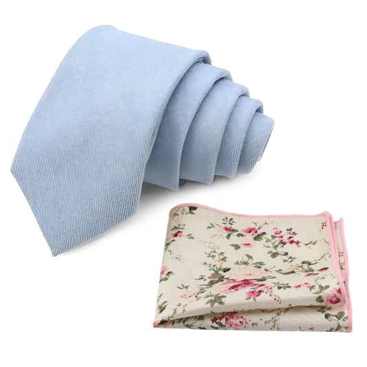 Benedict Soft Dusky Light Blue Cotton Blend Tie and Olivia Cream Floral Pocket Square Set