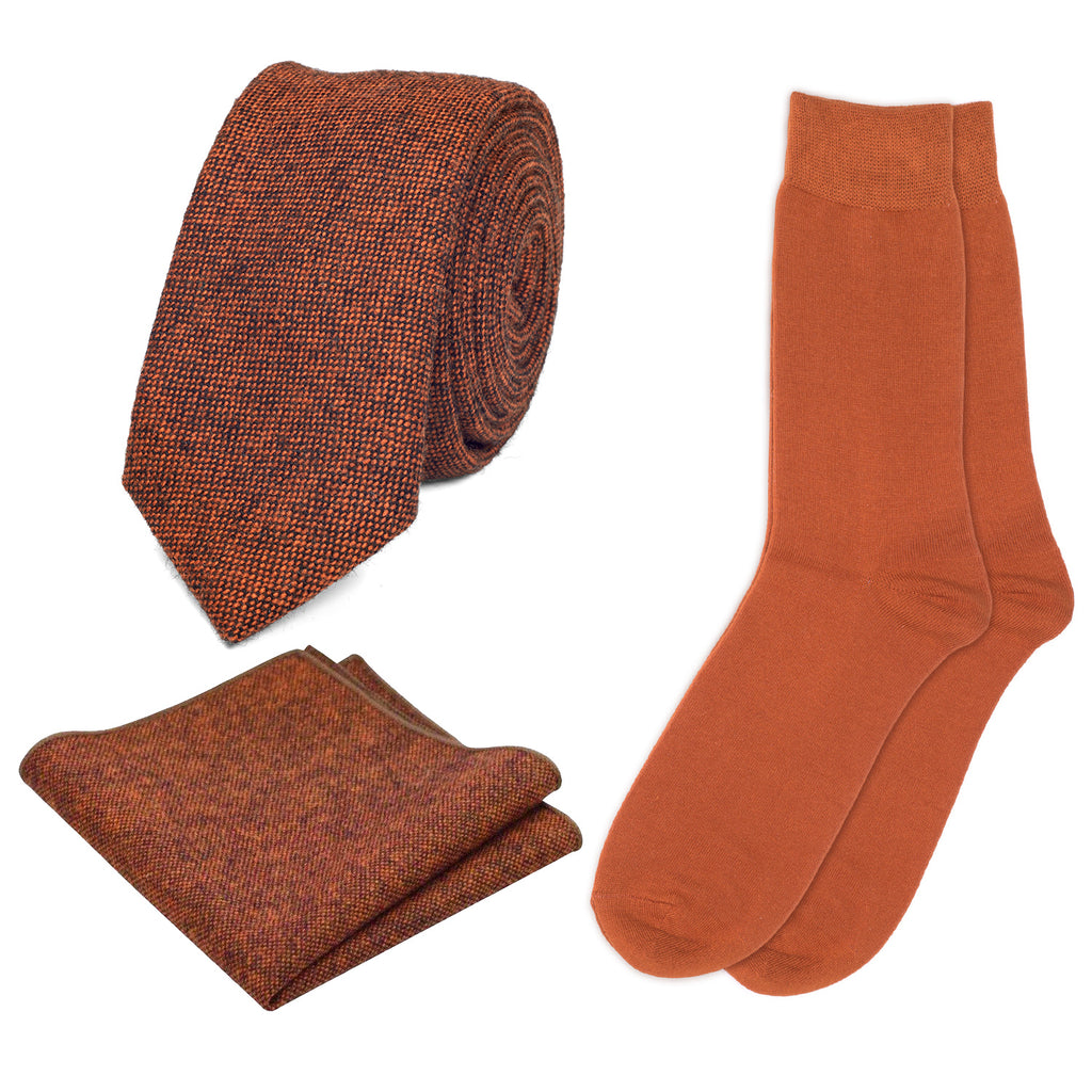 Charlie Burnt Orange Wool Tie, Pocket Square and Cotton Sock set