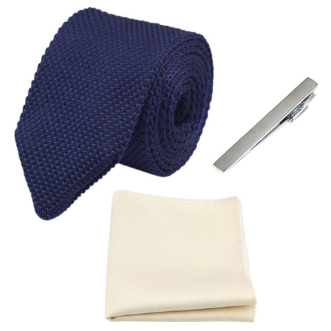 Frankie Navy Waffle Knitted Wool Tie, Cream Pocket Square and Silver Tie Pin Set