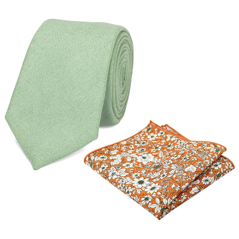 Harrison: Sage Green Cotton Blend Tie and Nora Orange Floral Pocket Square Set