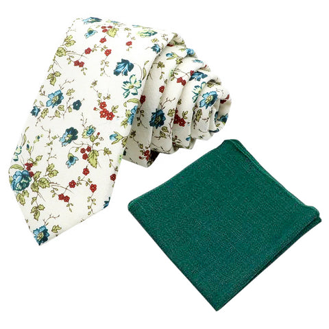 Hugh Cream, Red & Blue Floral Cotton Tie and Gilbert Emerald Green Cotton Pocket Square Set
