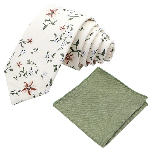 Jasmin Cream, Peach & Green Floral Cotton Tie and Neve Green Cotton Pocket Square Set