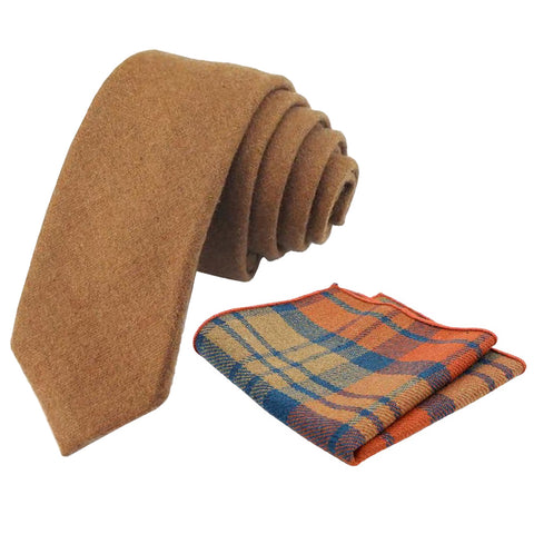 Rufus Camel Tan Skinny Tweed Tie and Orange & Blue Plaid Tartan Pocket Square Set