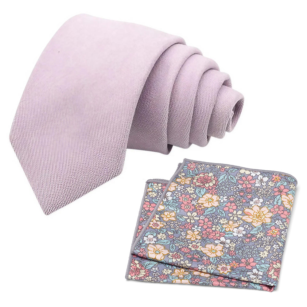 Viola lilac Purple Cotton Blend Tie and Nico Pink & Yellow Floral Pocket Square Set