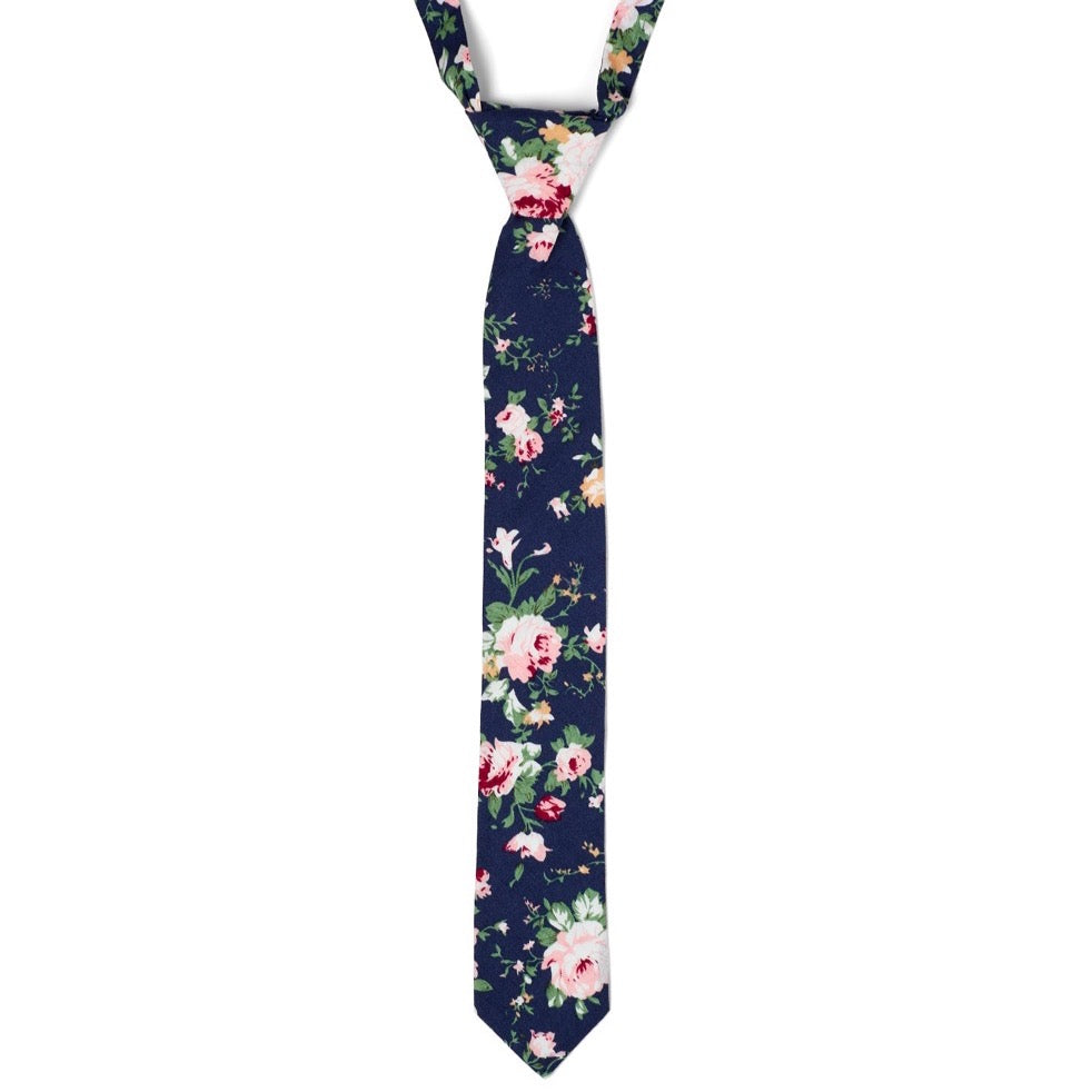Millie Navy Blue Floral Boys Cotton Neck Tie - Elasticated Neck