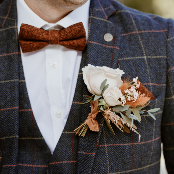 Charlie Rusty Burnt Orange Wool Bow Tie and Otto Rust Cream & Green Floral Print Pocket Square Set