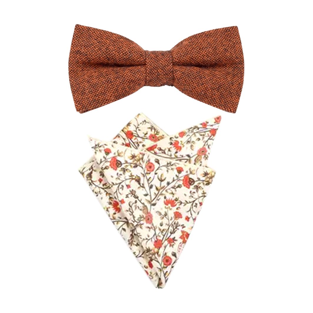 Charlie Rusty Burnt Orange Wool Bow Tie and Otto Rust Cream & Green Floral Print Pocket Square Set