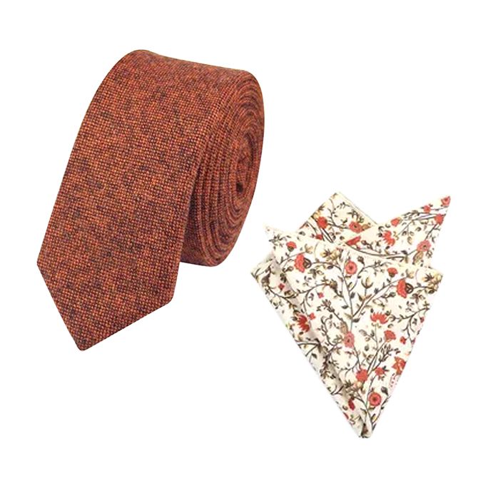 Charlie Rusty Burnt Orange Wool Tie and Otto Rust, Cream & Green Floral Print Pocket Square Set