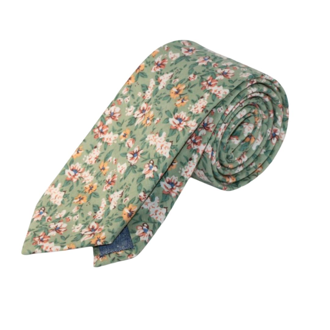Isa Sage Green, Cream and Yellow Floral Tie and Pocket Square