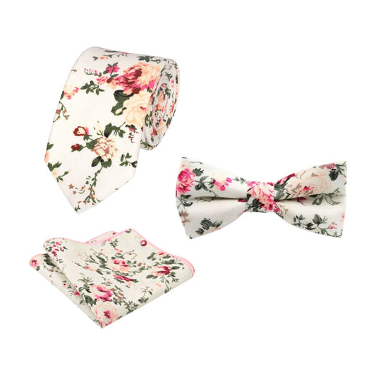 Olivia Cream Floral Cotton Groom & Page Boy Set - Adult Tie, Pocket Square & Children's Bow Tie