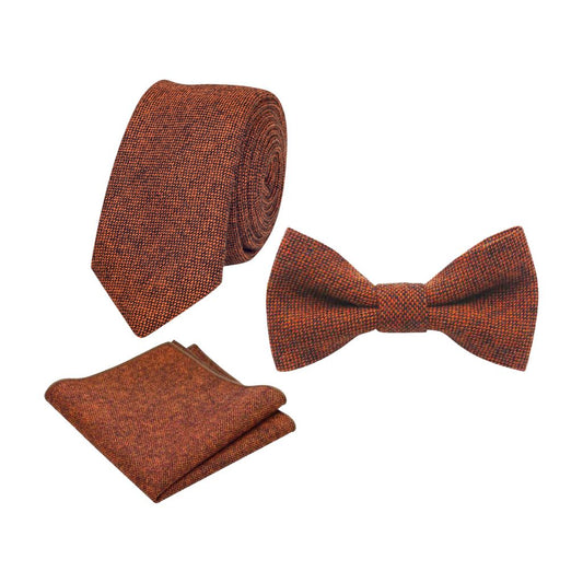 Charlie Rusty Burnt Orange Wool Groom & Page Boy Set - Adult Tie, Pocket Square & Children's Bow Tie