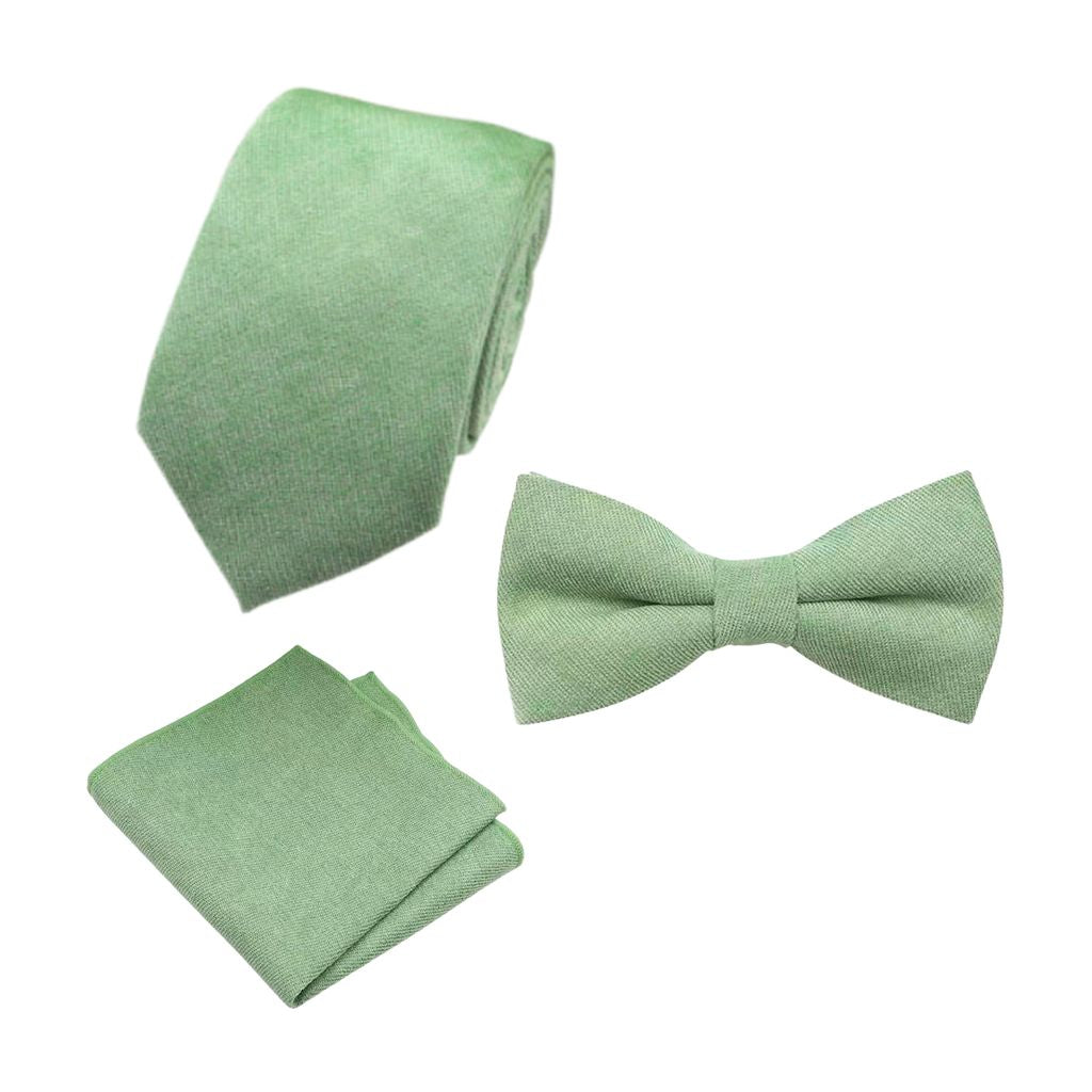 Harrison Sage Green Cotton Blend Groom & Page Boy Set - Adult Tie, Pocket Square & Children's Bow Tie