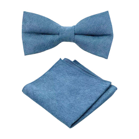 Hux Peacock Teal Blue Cotton Blend Bow Tie and Pocket Square Set