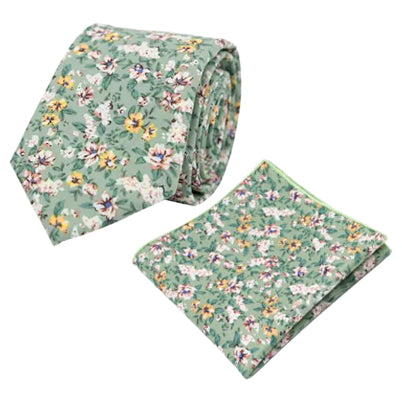 Isa Sage Green, Cream and Yellow Floral Tie and Pocket Square