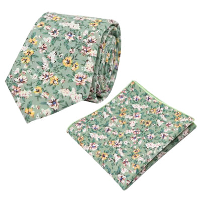 Isa Green, Cream and Yellow Floral Tie and Pocket Square