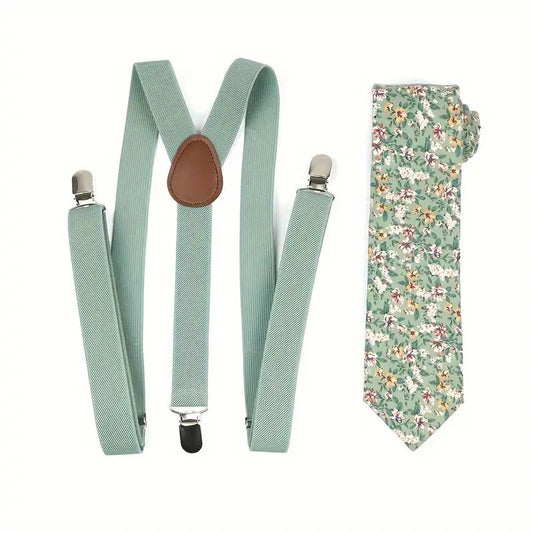Isa Sage Green, Cream and Yellow Floral Tie and Eucalyptus Green Braces Set