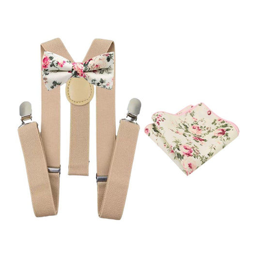 Olivia Cream Floral Luxurious Cotton Boy’s Bow Tie, Pocket Square and Cream Braces Set