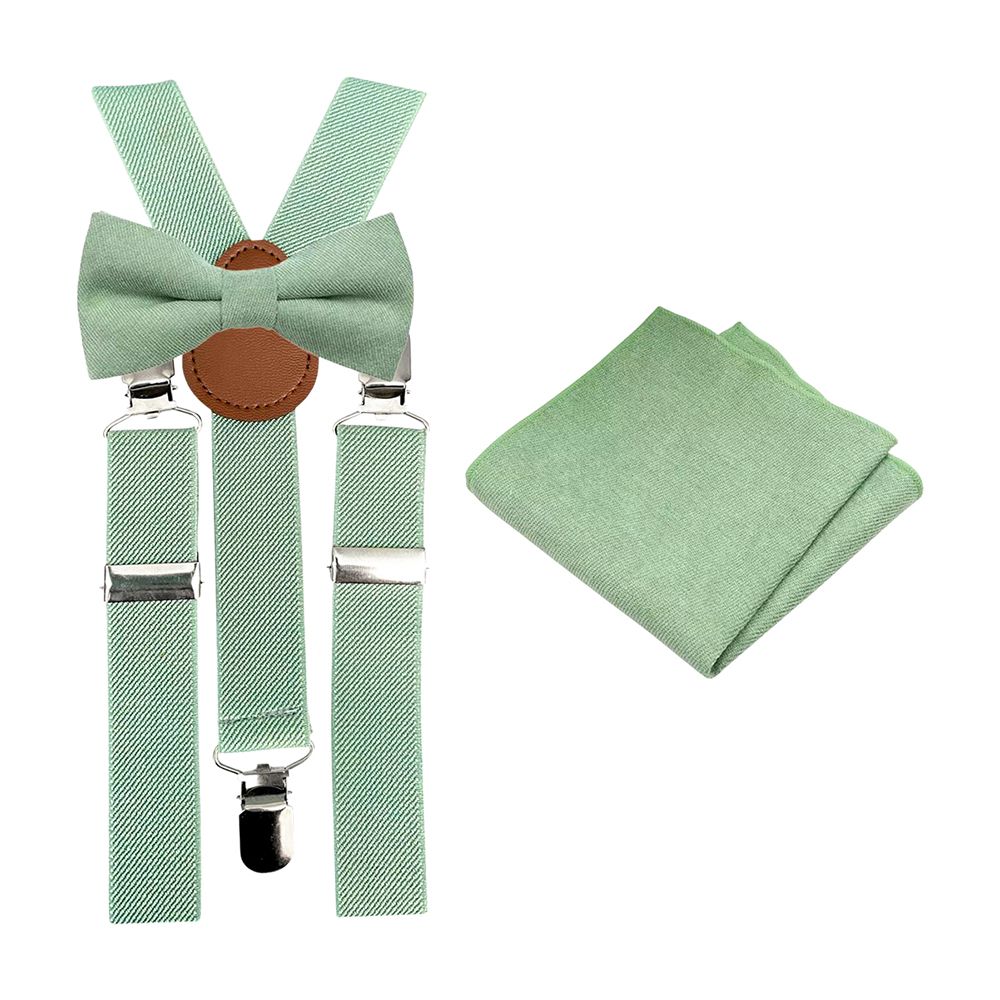 Harrison Sage Green Luxurious Cotton Blend Boy’s Bow Tie, Pocket Square and Sage Green Braces Set