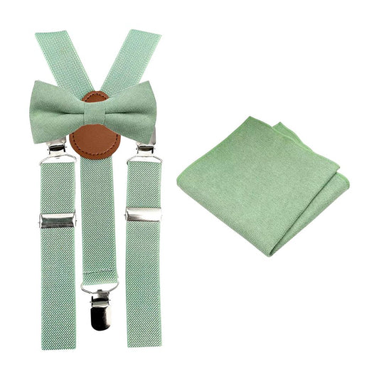 Harrison Sage Green Luxurious Cotton Blend Boy’s Bow Tie, Pocket Square and Sage Green Braces Set