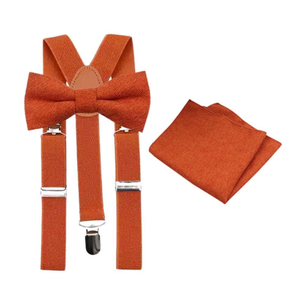 Bea Burnt Orange Luxurious Cotton Blend Boy’s Bow Tie, Pocket Square and Matching Orange Braces Set