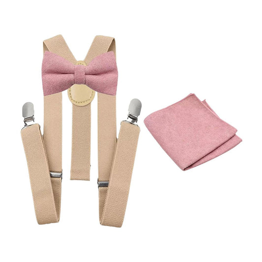 Rose Dusty Pink Luxurious Cotton Blend Boy’s Bow Tie, Pocket Square and Cream Braces Set