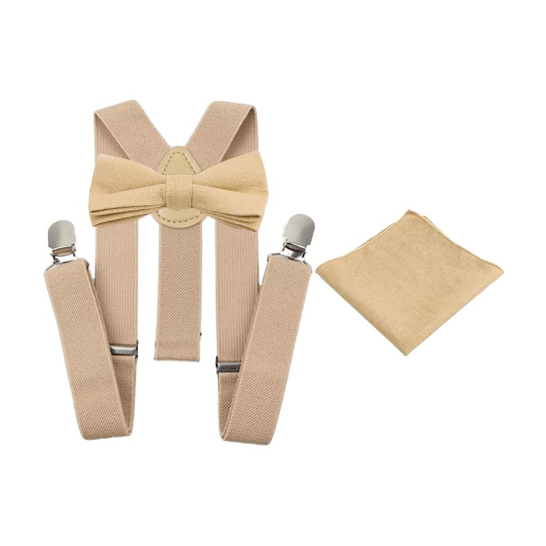 Perri Champagne Beige Cotton Boy’s Bow Tie, Pocket Square and Cream Braces Set