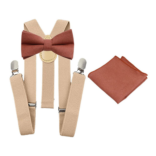 Calvin Burnt Coral Cotton Boy’s Bow Tie, Pocket Square and Cream Braces Set