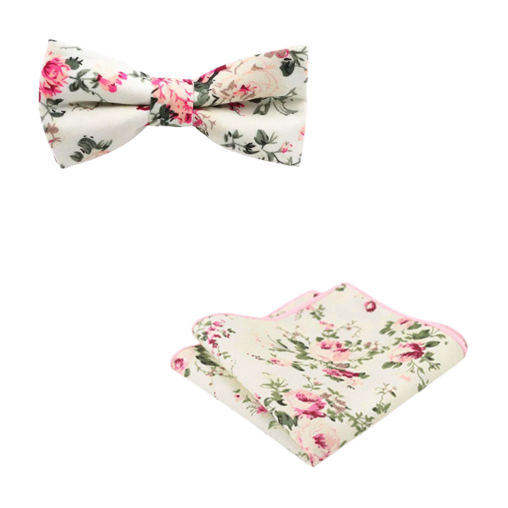 Olivia Cream Floral Cotton Boy’s Bow Tie and Pocket Square Set