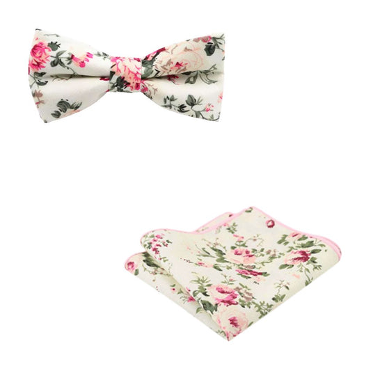 Olivia Cream Floral Cotton Boy’s Bow Tie and Pocket Square Set