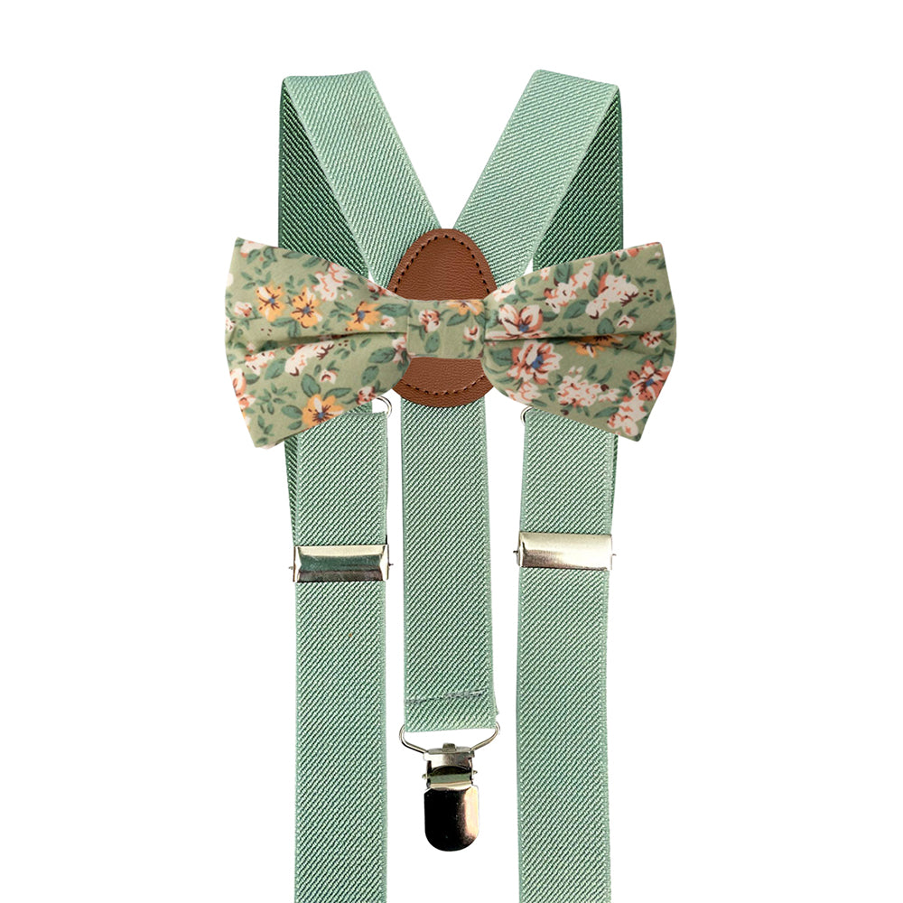 Isa Boys Green, Cream & Yellow Floral Cotton Bow Tie and Green Braces Set