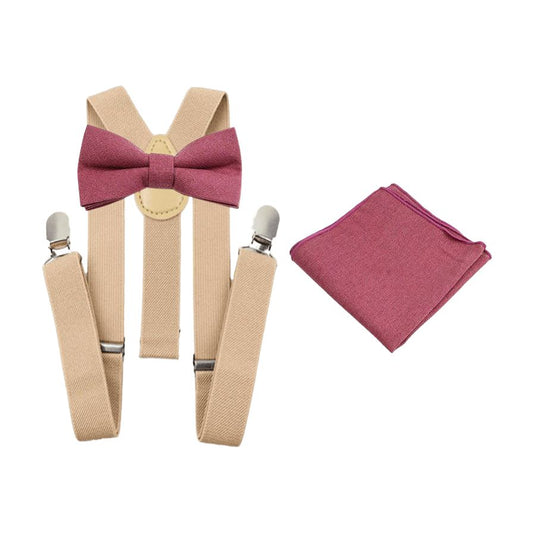 Ambrose Muted Mauve Cotton Boy’s Bow Tie, Pocket Square and Cream Braces Set